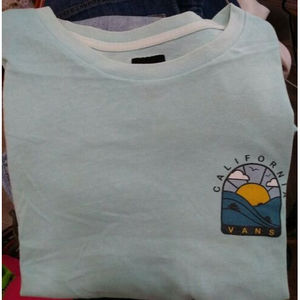 Vintage VANS CAlifornia Sunrise Print T Shirt Large Blue  Big Logo Back HTF